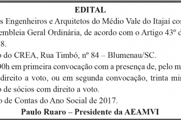 Dia 31 tem Assembleia Geral Ordinária da AEAMVI para prestação de contas de 2017