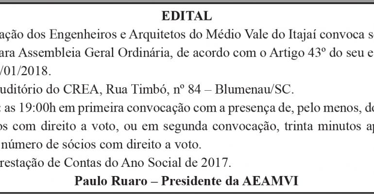 Dia 31 tem Assembleia Geral Ordinária da AEAMVI para prestação de contas de 2017